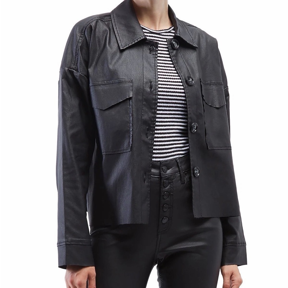 OAT New York Black Large Oversized Coated Faux-Leather Shacket‎ w/ Buttons NWT